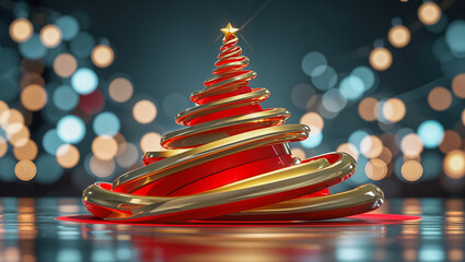 AI-generated image of spiralling red and gold gift ribbons Christmas tree spreading the Christmas spirit