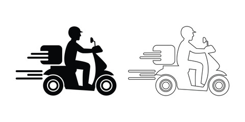 Fast Delivery Man on Scooter Silhouette and Line Art Vecto