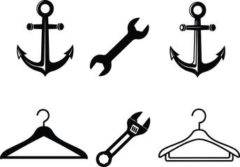 Set of anchor symbols, wrenches, and clothes hanger icons in black silhouette style for nautical, mechanical, and fashion graphic design use