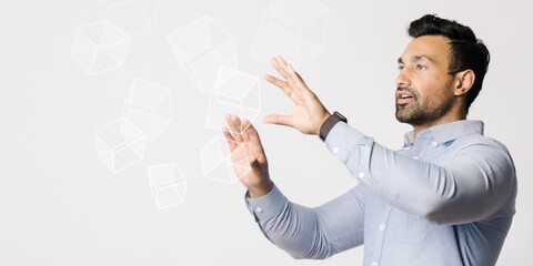 Man pressing his palm to a screen