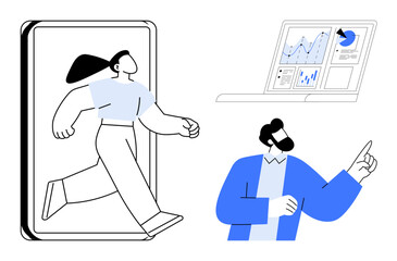 Woman stepping out of a smartphone, man analyzing data charts on a laptop screen. Ideal for technology, innovation, analytics, teamwork, mobility, digital transformation, modern business concepts