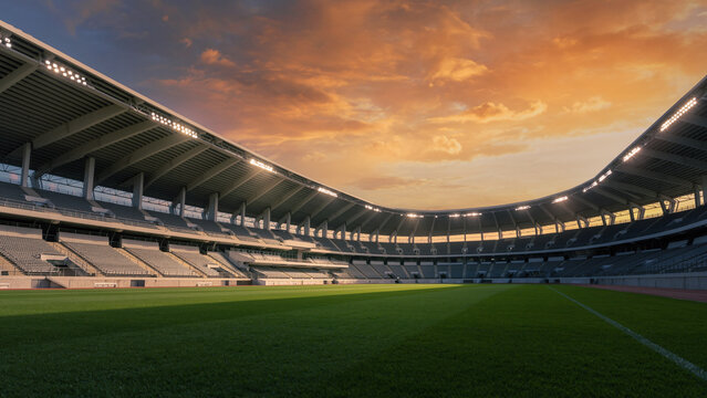 Empty sports stadium with green grass and seating under a dramatic orange and yellow sunset sky.