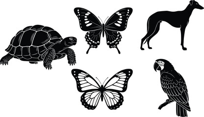 Set of animal silhouettes including tortoise, butterflies, parrot and dog, isolated black wildlife icons for nature, education and design use