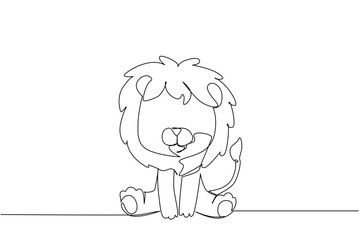 One line drawing of a cute lion cub sitting with fluffy mane and small paws, a wildlife concept themed for cute wild animals cartoon sitting, ideal for nursery prints, stickers, kids branding, decor.