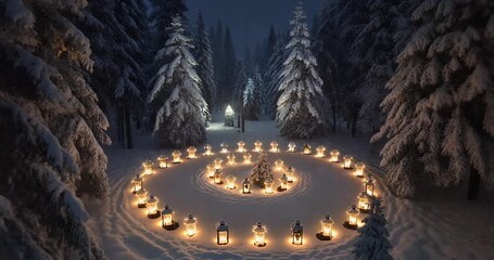 Enchanting Christmas spiral of lights illuminates a serene, snowy winter forest at night - Powered by Adobe