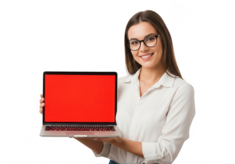 Smiling woman in glasses holding an open laptop with a blank red screen for your content display