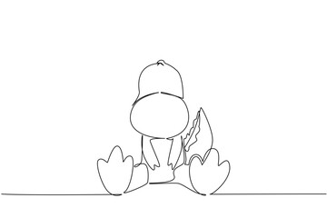 Single line drawing of a cute baby dinosaur sitting with big feet, a wildlife concept themed for cute wild animals cartoon sitting, ideal for nursery decor, stickers, and kids education assets.