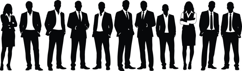Silhouette business team standing together in formal attire, professional corporate group illustration representing leadership, teamwork, office staff and organization