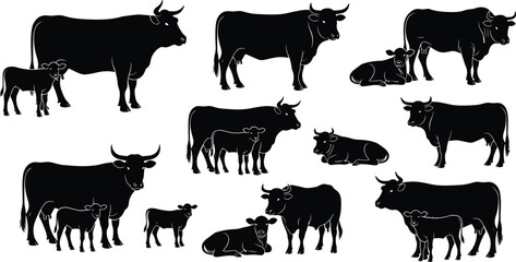 Silhouette collection of cows and calves in various poses, farm animal illustrations for agriculture, livestock design, rural farming graphic elements, vector set © Hasem Creative