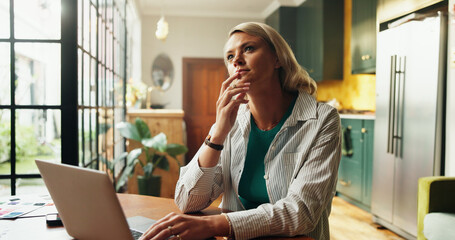 Woman, thinking and decision in home with laptop for job opportunity, remote work or career...