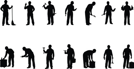 Silhouette construction workers performing various tasks with tools, labor icons, handyman actions, industrial occupations, professional workforce illustrations for stock