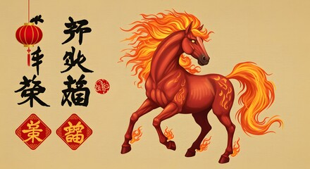 Majestic fire horse illustration capturing the essence of a powerful spirit animal, representing prosperity and cultural heritage in festive designs
