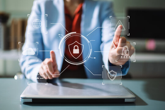 Woman holding smartphone with holographic lock and data network graphics. Concept of cybersecurity, privacy, mobile protection