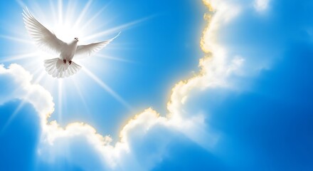 White dove gracefully flies through a radiant blue sky, illuminated by bright sun rays breaking through soft clouds, symbolizing peace, hope, and spiritual freedom above world.