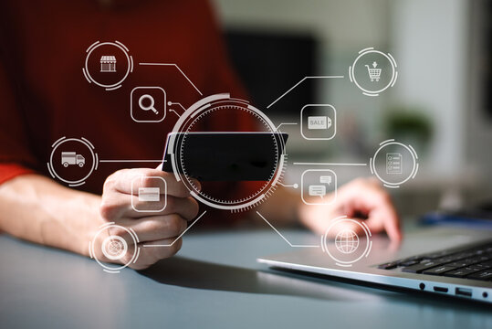 Hand holding a credit card with digital ecommerce icons, showing online shopping, secure payment, fintech, and modern cyber transaction concepts.