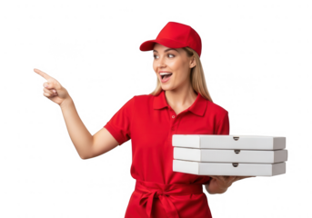 Smiling pizza delivery woman in red uniform pointing excitedly with boxes on white background