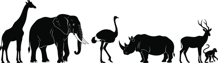 Silhouette lineup of African wildlife animals including giraffe, elephant, ostrich, rhinoceros, antelope, and monkey, ideal for nature, safari, and wildlife graphics