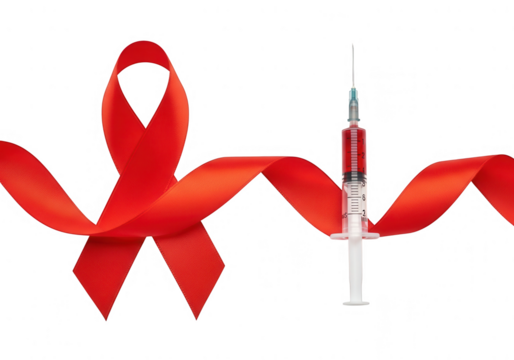 Red ribbon and syringe symbolizing aids hiv awareness, medical treatment, and global health issues.