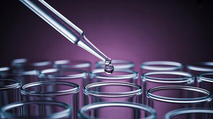 Laboratory pipette dropping liquid into glass test tubes for scientific research and biotechnology analysis
