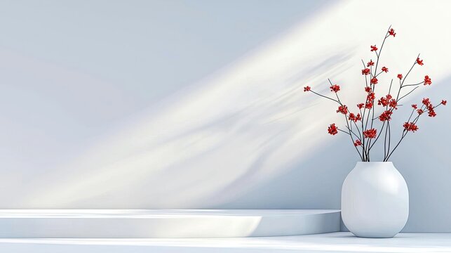 A minimalist interior scene featuring a white vase with delicate red flowers placed on a white podium. Soft sunlight casts shadows on the wall, creating a seren