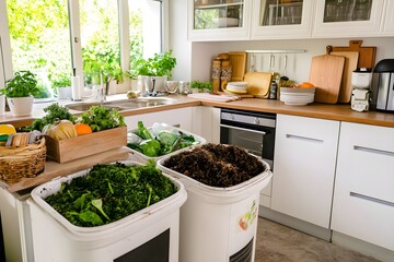 Modern Kitchen with Composting Bins for Organic Waste and Finished Compost
