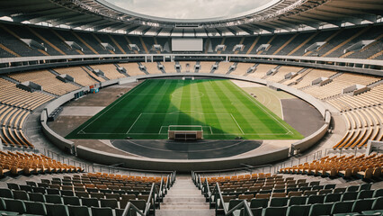 An expansive, empty sports stadium with a vibrant green football pitch surrounded by numerous rows of seating.