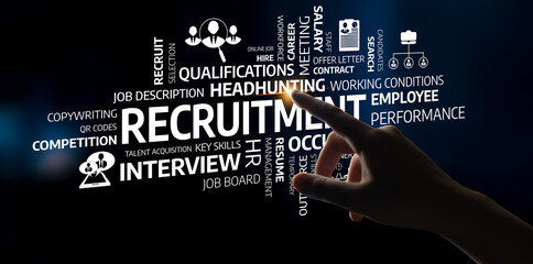 A hand interacts with a collage of recruitment-related keywords and symbols, capturing the essence of hiring strategies and employee selection in today competitive job market. Tessel
