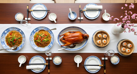 Overhead elegant Chinese banquet table with roasted duck noodles dim sum dumplings blue white tableware chopsticks and cherry blossoms festive family celebration Asian cuisine top view gourmet