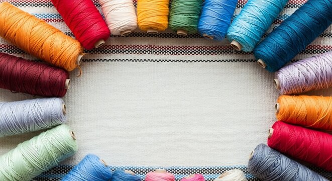 Colorful spools of thread arranged in a frame shape on a striped woven textile background with copy space. - Powered by Adobe