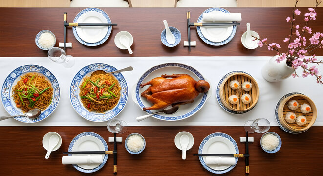Overhead elegant Chinese banquet table with roasted duck noodles dim sum dumplings blue white tableware chopsticks and cherry blossoms festive family celebration Asian cuisine top view gourmet