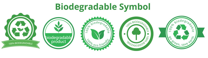 Biodegradable Product Stamp and Eco-Label Icon: Green Circular Symbol for Sustainable Packaging, Environmentally Friendly Materials, and Zero-Waste Lifestyle on a White Background.