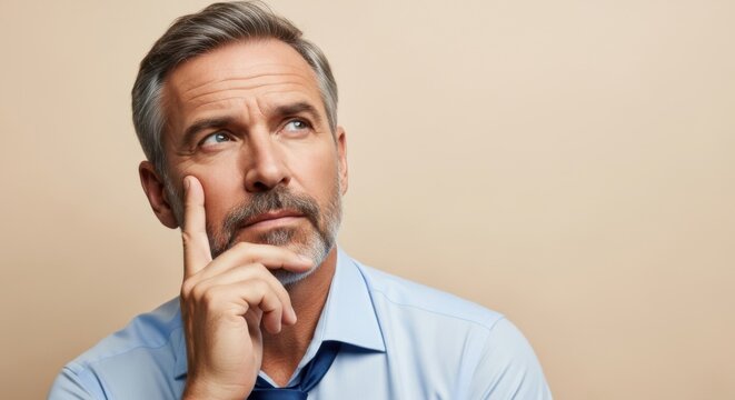 Contemplative mature man in thoughtful pose with hand on chin