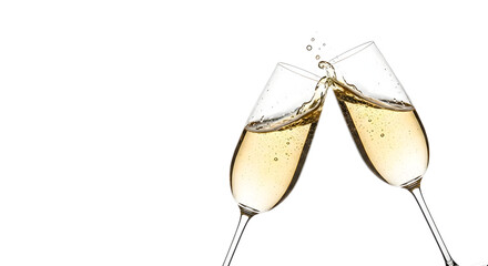 Vibrant celebratory toast with sparkling golden champagne flutes clinking together creating a delightful splash against a pristine white background symbolizing success happiness and joy