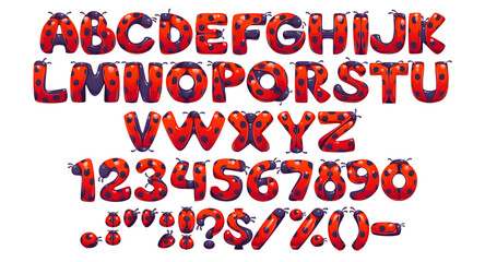 Ladybug font, ladybird and lady bug typeface, cartoon insect type, funny beetle english alphabet. Vector typography red bug letters and numbers set with black dots. Ladybug or ladybird font alphabet © Vector Tradition