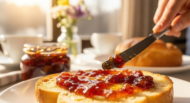 Close up of a person spreading homemade strawberry jam on a slice of toast with a knife during a sunny morning breakfast