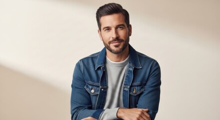 Stylish confident man in casual denim jacket with well-groomed beard