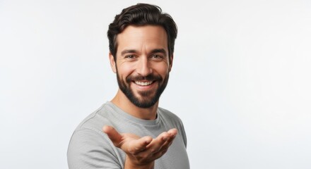 Friendly smiling man extending hand in welcoming gesture with