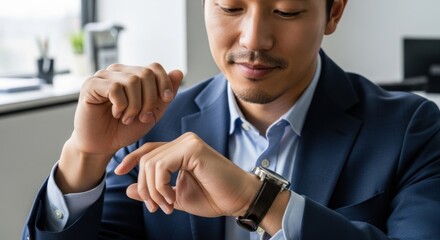 Business professional checking time on smartwatch in modern office environment