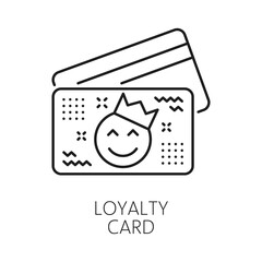 Customer loyalty card exclusive benefit line icon or symbol. Special offer gift linear vector symbol, exclusive benefit reward sign. Loyalty program bonus icon with loyalty card, emoji happy face
