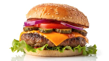 Delicious cheeseburger isolated on white background, featuring a juicy beef patty, melted cheddar cheese, fresh lettuce, tomato, red onion, and pickles on a sesame seed bun