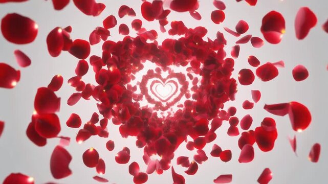 Spiral vortex of floating rose petals forms glowing heart shape then dissolves into dreamy romantic motion
