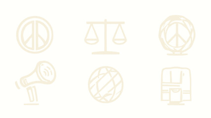 A flat vector icon set representing social activism and justice, including a protest sign, balance scale, globe, raised fist, and a megaphone.