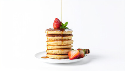 Delicious stack of fresh pancakes with syrup being poured over strawberries and mint.