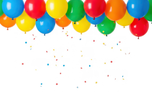 Vibrant party balloons in a festive celebration, with colorful confetti falling for joy and happiness.