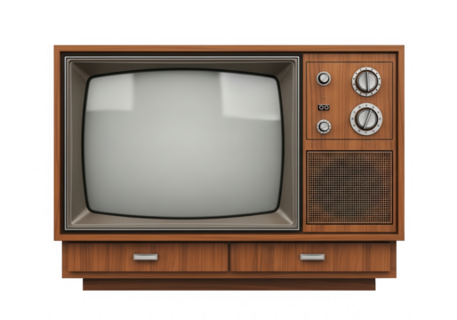 Retro vintage television set in wooden cabinet with empty screen isolated. old classic tv.