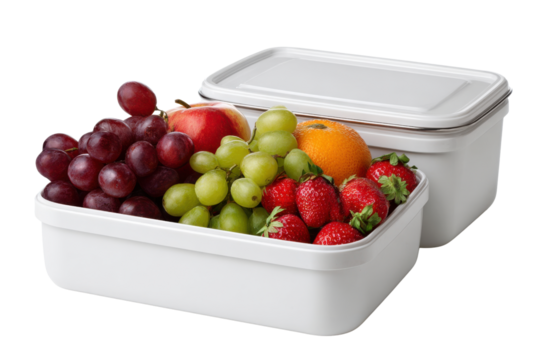 Red and green grapes apple orange strawberries in white containers fruit food, Isolated On White Background, Png Transparent - Powered by Adobe
