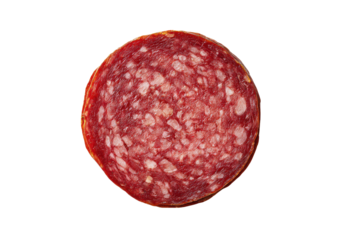 Round slice of cured salami with white fat speckles on black background meat food, Isolated On White Background, Png Transparent