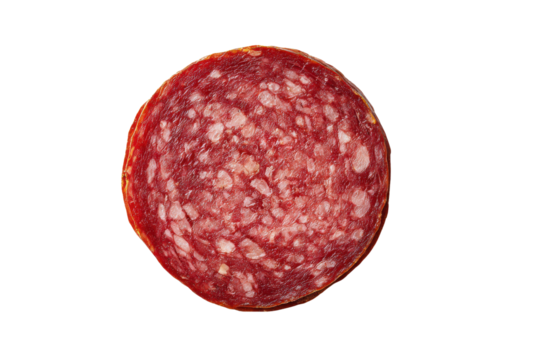 Round slice of cured salami with white fat speckles on black background meat food, Isolated On White Background, Png Transparent