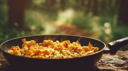 Fresh scrambled eggs cooking in a black frying pan outdoors with golden fluffy texture, rustic side view of hot camping breakfast prepared in nature for outdoor cooking, travel food, and wilderness me
