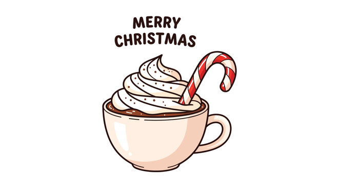 Illustration of hot chocolate topped with whipped cream and candy cane